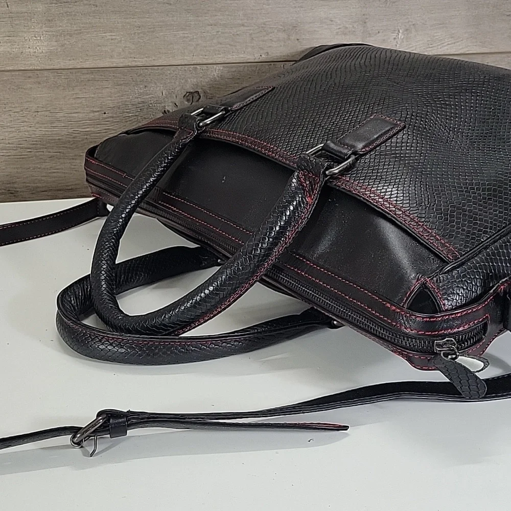 Karpassi Black Leather Briefcase Laptop Bag with Red Stitching